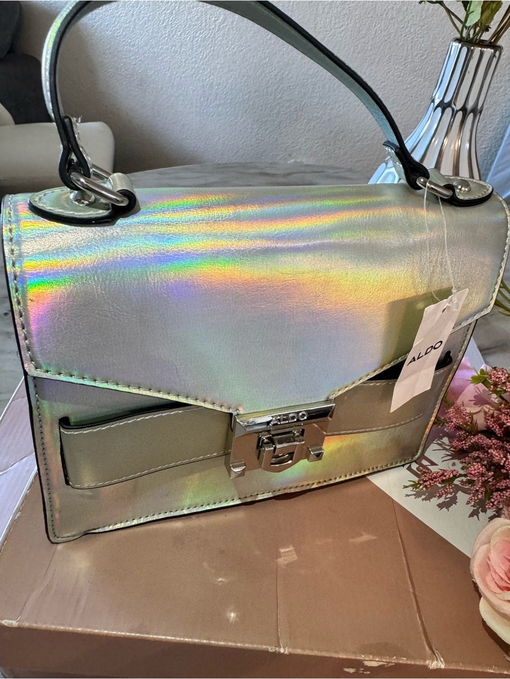 ALDO Holographic Iridescent Top-Handle Satchel - Silver
